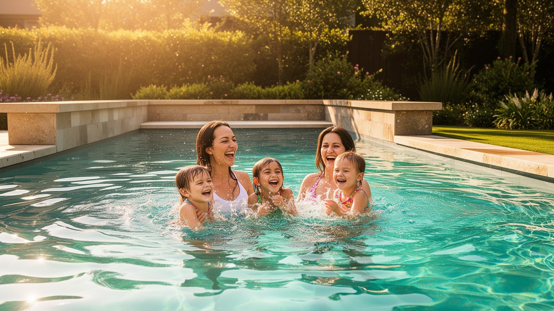Happy family enjoying their backyard swimming pool