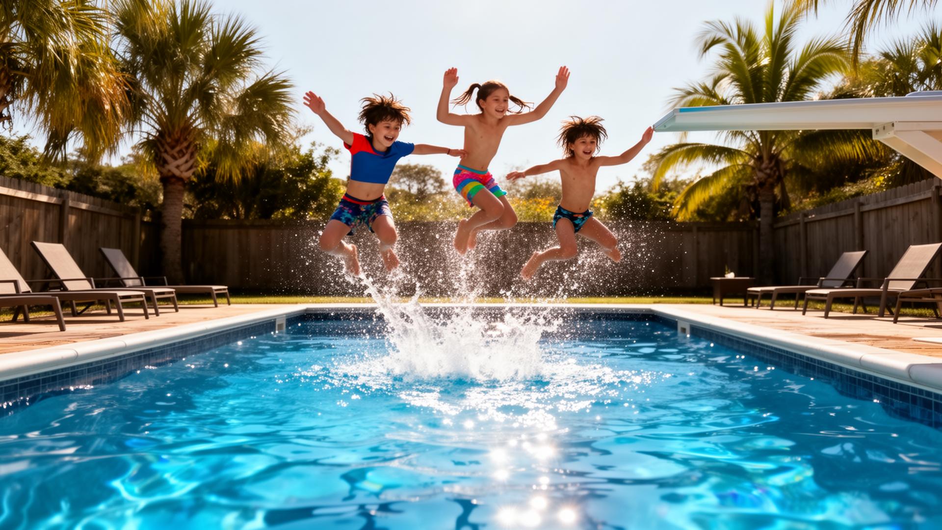 Children jumping into a sparkling blue pool on a sunny day