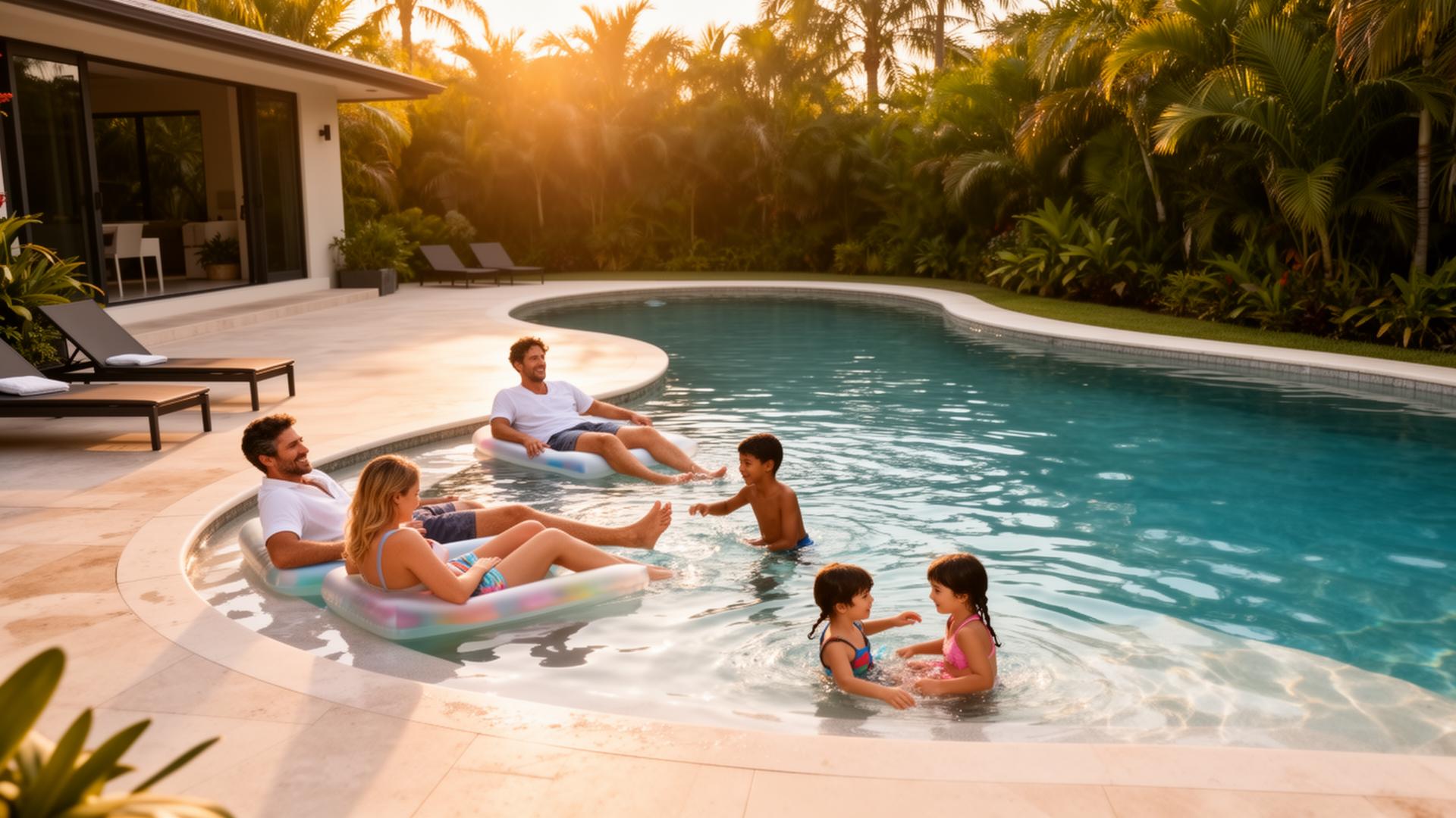 Family relaxing together on a luxury pool deck