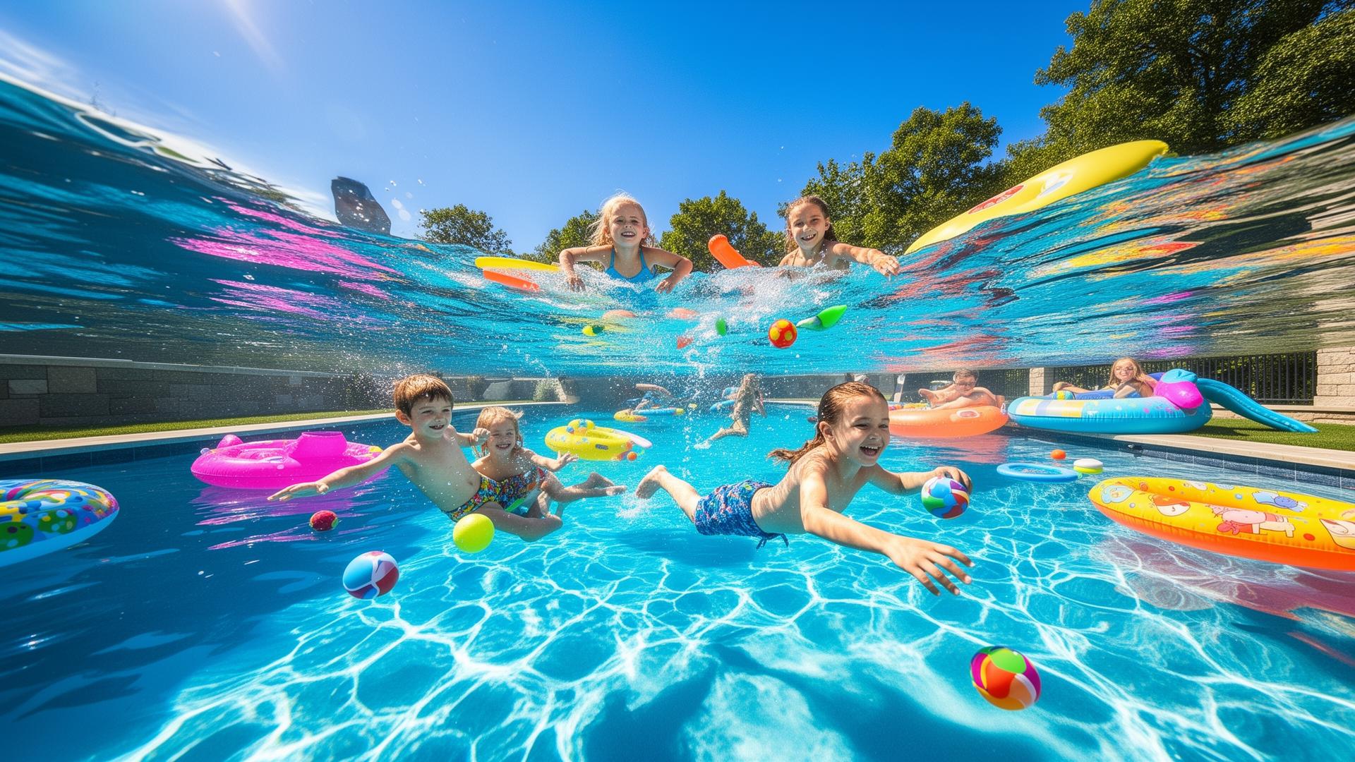 Kids playing and swimming underwater in a beautiful pool